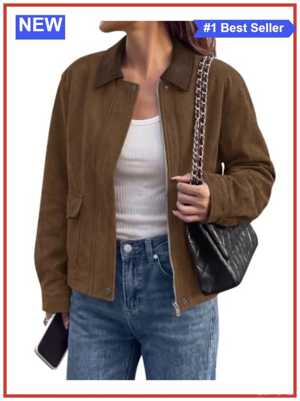 Faux Suede Jacket Womens Leather Lapel Zip Up Fall Outfit